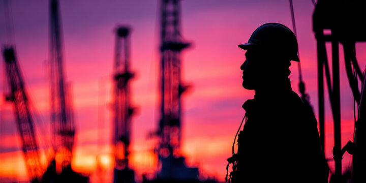 Silhouette of an Oil Worker in Hard Hat at Sunset with Industrial Equipment, Pink Sky and Dark Purple Background