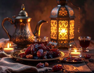 A rustic wooden table displays a centerpiece of dark dates on a golden plate, flanked by an antique brass ewer and a vividly lit filigree lantern casting intricate shadows.