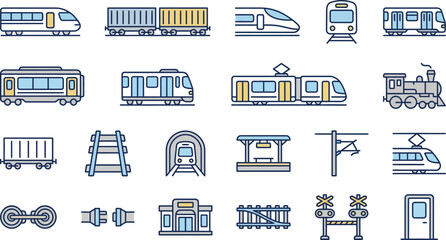 Collection of train and railway icons in minimalistic style on a white background display © Septarim
