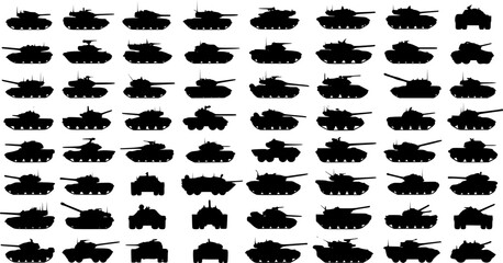 Tank war army silhouettes set, large pack of vector silhouette design, isolated white background