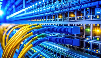 Fototapeta premium Close-Up View of Colorful Networking Cables Connected to High-Tech Data Center Equipment