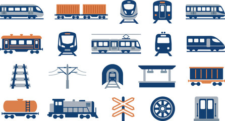 Collection of various stylized pixel art icons representing different types of trains and rail elements © Septarim