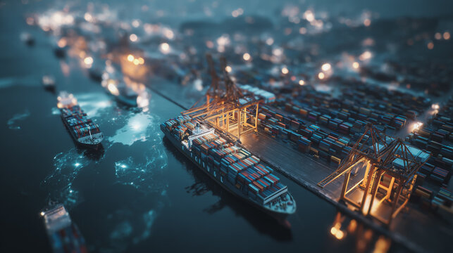Container truck in ship port for business Logistics and transportation of Container Cargo ship and Cargo plane 