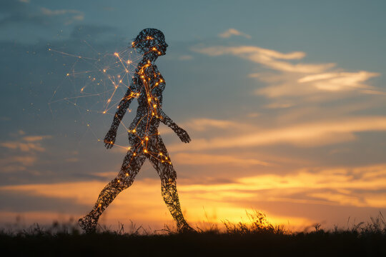 Woman Walking at Sunrise, Glowing Digital Skin Connections, Nature Scene, Serene Mood, Futuristic Concept.