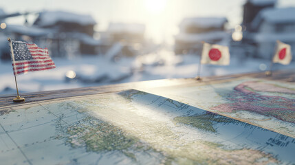 Naklejka premium Vintage Map of Greenland's Adventure: American and Japanese Flags Fly Over a Military Base