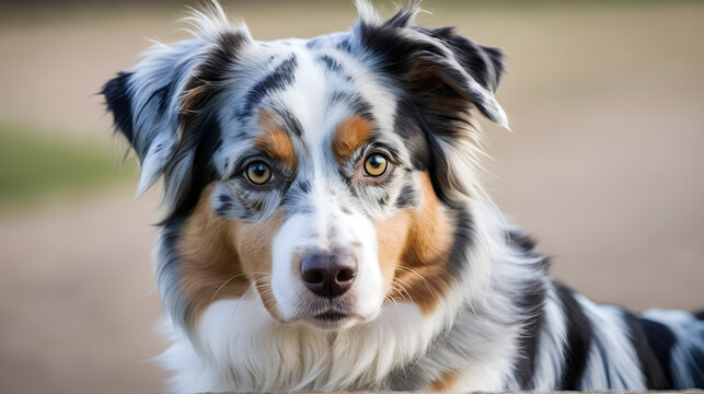Portrait of adorable blue merle australian shepherd with different eyes