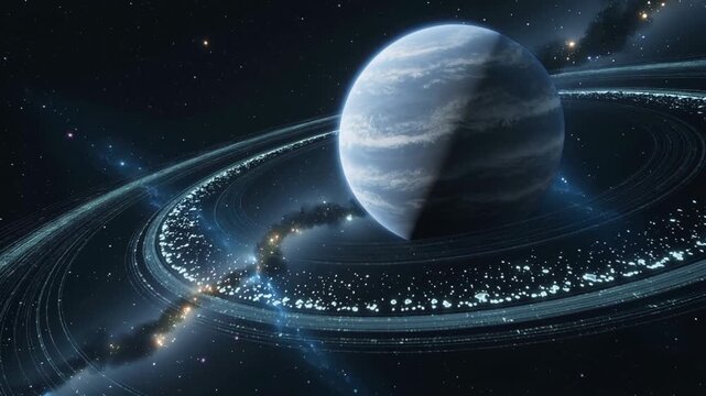 A planet with a blue and white color and a ring around it. The planet is surrounded by many stars and the ring is also surrounded by many stars
