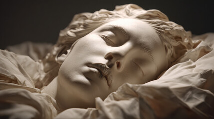 Serene Sepia Portrait: Woman's Face Sculpture, Softly Lit, Pillow-Laden, Hyper-Realistic