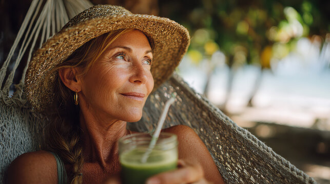 Relaxed Middle-Aged Woman Enjoying Smoothie in Hammock at Tropical Beach, Vacation Vibes