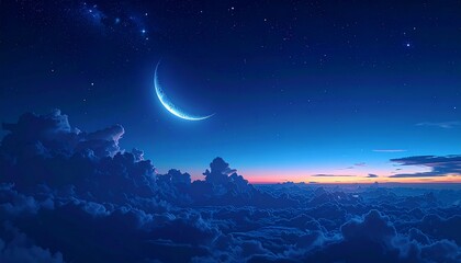 Naklejka premium Crescent moon shining brightly above clouds at dusk with stars visible in the night sky