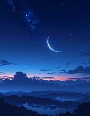 A serene night sky with a crescent moon shining over a peaceful landscape viewed from a distant hill