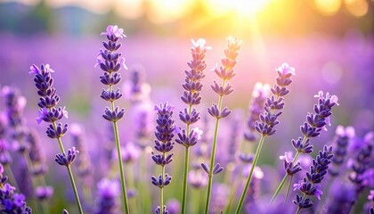 Obraz premium Vibrant Lavender Flowers Blooming in a Scenic Field at Sunset with Soft Sunlight