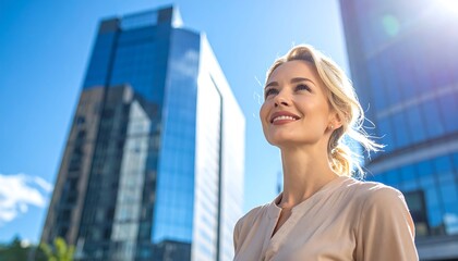 Fototapeta premium Businesswoman in city looking up at skyscrapers with confident expression representing career growth
