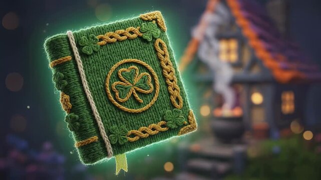 Knitted green book with a shamrock icon and golden knot patterns glowing against a blurred cozy house for St Patrick Day