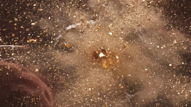 Amber kidney stone disintegrating into dust after being struck by laser shockwave during lithotripsy procedure