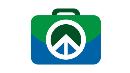 Obraz premium A colorful, stylized suitcase design; a peace sign sits inside. It is divided in green and blue