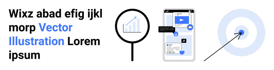 Obraz premium Business strategy, data analysis, goal tracking, digital marketing, SEO, online research. Chart under magnifying glass, mobile interface target. Data analysis and goal tracking concept