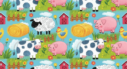 Cute Cartoon Farm Animal Seamless Pattern with Watercolor Cows Pigs Sheep and Chickens for Nursery Wallpaper and Kids Textile Design