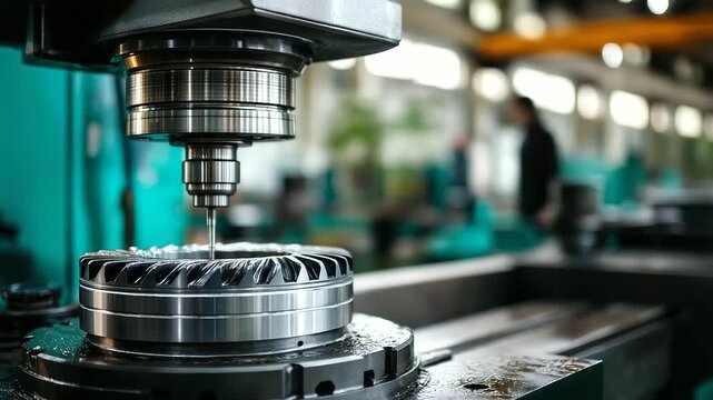 Industrial machine machining metal part in factory, automated manufacturing process, precision metalworking operation, with copy space