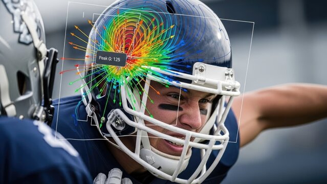 Traumatic brain injury risk analysis in a football player's helmet during severe impact, showcasing scientific research for athlete safety and concussion prevention