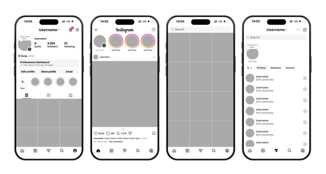 Instagram mockup. Set instagram screen social media and social network interface template.