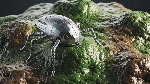 Metallic beetle-shaped nanobot traversing uneven green and brown organic surface for biotechnology