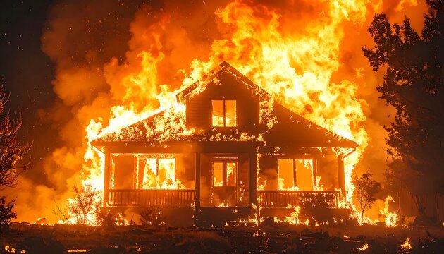 Wooden house fully ablaze at night representing catastrophic fire damage and danger