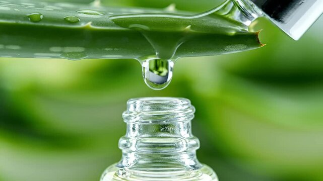 Macro drop of natural aloe vera extract essence falling into glass cosmetic bottle.