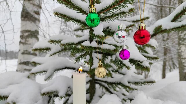 New Year's toys and a candle on the tree