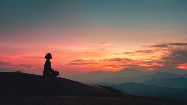 Silhouette Meditating at Sunset