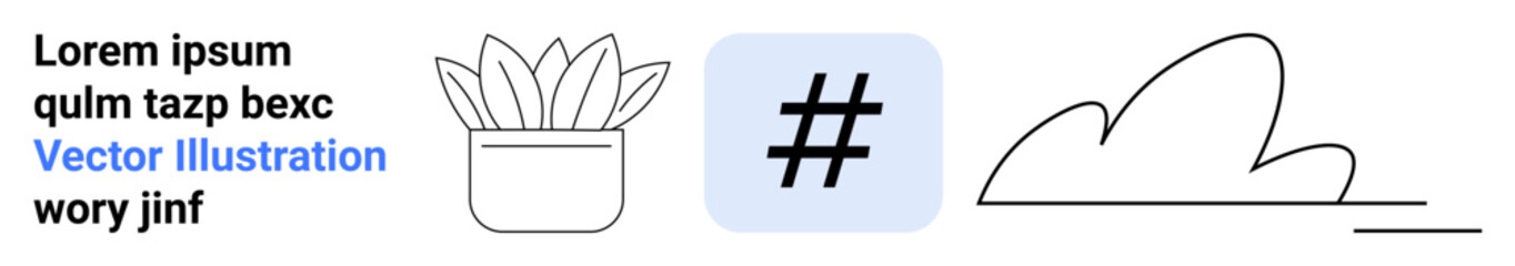 Obraz premium Potted plant, metadata tag symbol, and modern cloud strokes blend nature and technology. Ideal for creativity, tech, simplicity, communication, branding, social media simple landing page