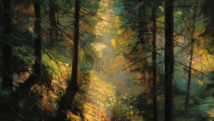 Fototapeta premium Sunlit Forest Scene Painting