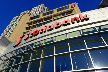 Fototapeta premium TORONTO - OCT 12: Sign of Scotia Bank at branch office in Toronto on Oct 12 2025. Scotia Bank is a Canadian multinational financial services company. 