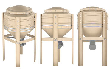 Agricultural grain bin hopper on steel frame, front side rear views, 3D rendering