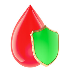 Blood drop with shield. Health protection or immune defense, concept. 3D rendering
