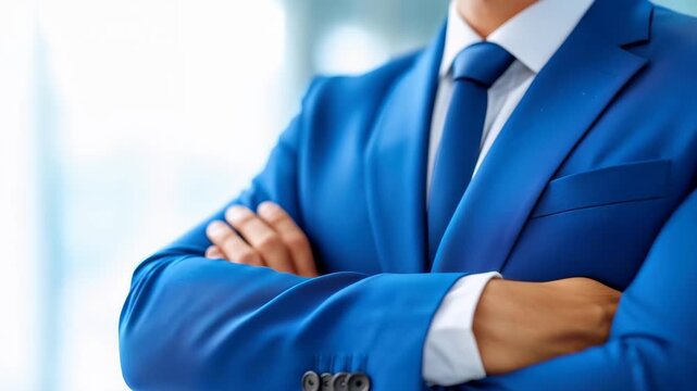 Poised Confidence: A businessman in a striking blue suit exudes confidence with arms crossed. conveying authority and capability in a sleek, modern setting.