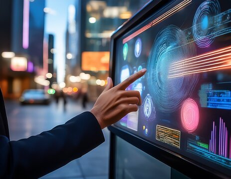 medium shot of a hand engaging with a vibrant touchscreen digital signage highlighting interactive content against a blurred urban background for immersive user experience