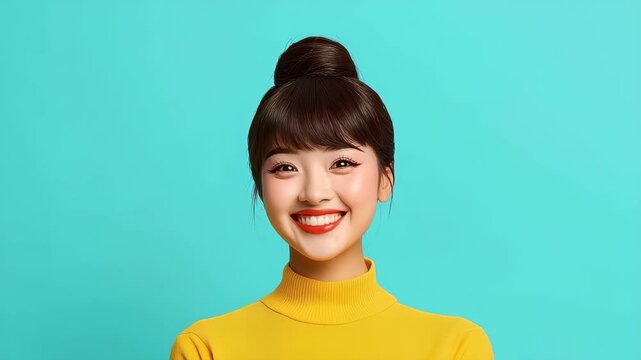 Cheerful Portrait: A young individual's radiant smile is framed by dark hair styled in a bun, the vivid yellow top offering a pleasing contrast against the turquoise backdrop.