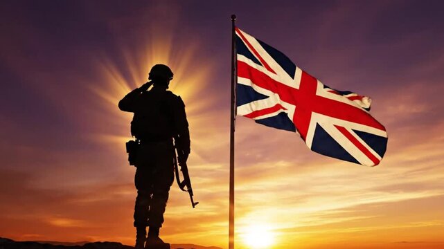 Silhouette of a British soldier standing on rugged terrain rendering a solemn salute to the Union Jack flag waving against a dramatic sunset sky backdrop