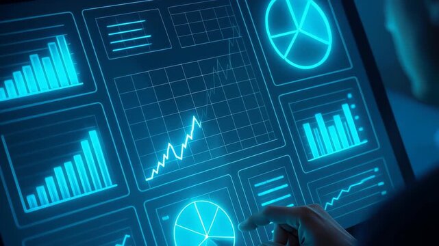 Digital Data Display: Illuminated by a cool, blue light, a high-tech interface showcases dynamic data visualizations, inviting exploration of intricate patterns and insightful analysis.