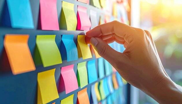 A hand carefully selecting a sticky note from a board filled with colorful reminders