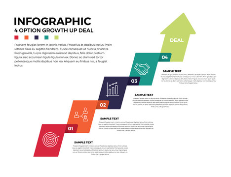vector business 4 step timeline growth up deal infographic arrow template, for presentation, banner, ui ux, web. vector editable.