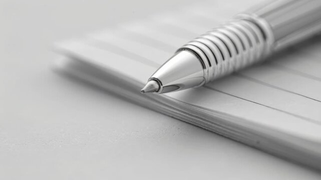 Writing Instrument on Note Pad: Close-up of a pen resting on a pad of paper, emphasizing the simple act of writing and the tools of communication. 