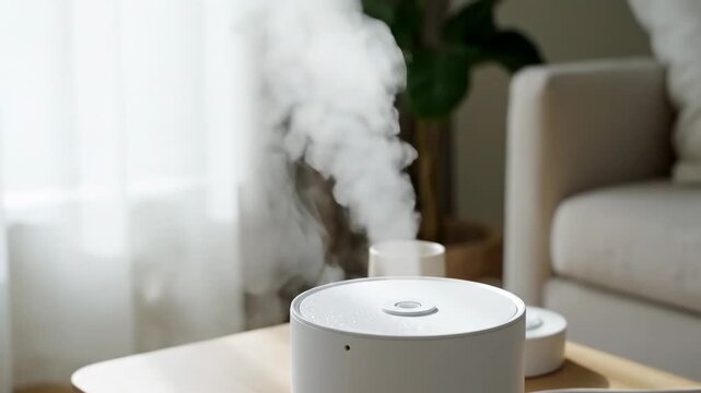 Modern white essential oil diffuser emitting a gentle stream of steam in a bright living room