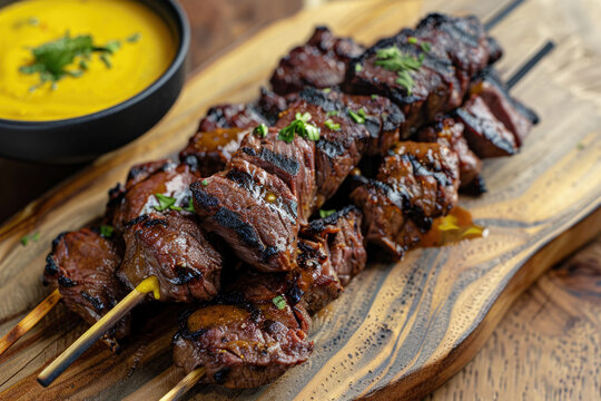 Anticucho Skewers of Marinated Peruvian Grilled Beef Heart on Wooden Board with Aji Amarillo Sauce
