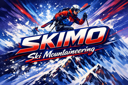 Ski mountaineering label grunge hand drawn style banner. SKIMO word logo with skier man athlete in mountains. Abstract graphic winter sport graphic illustration expressive brush strokes splashes color