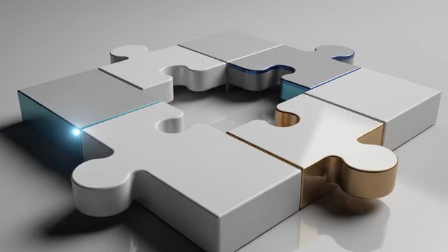Abstract 3D rendering of interlocking puzzle pieces with metallic accents forming a circular pattern
