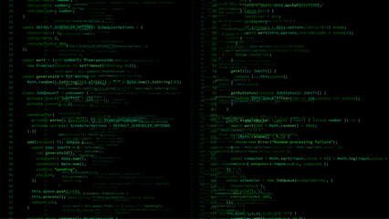 Green programming code on a monitor screen. Digital software development for coding process and data visualization.