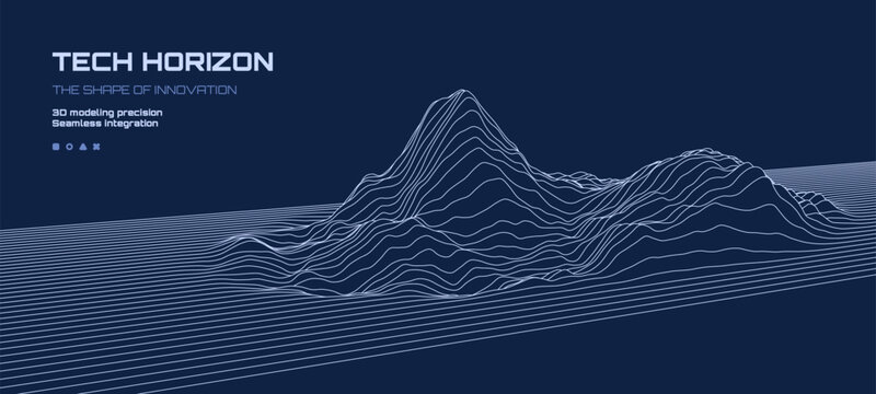 Blue mountain contour vector art. Digital landscape for data visualization and big data analysis. Abstract technology background.