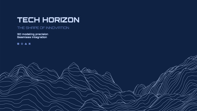 Blue techno background with wireframe mountain terrain graphic texture. Digital landscape for artificial intelligence technology presentation.